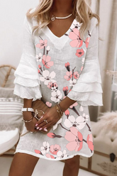 Fashion Print Flounce V Neck Straight Dresses(3 colors)